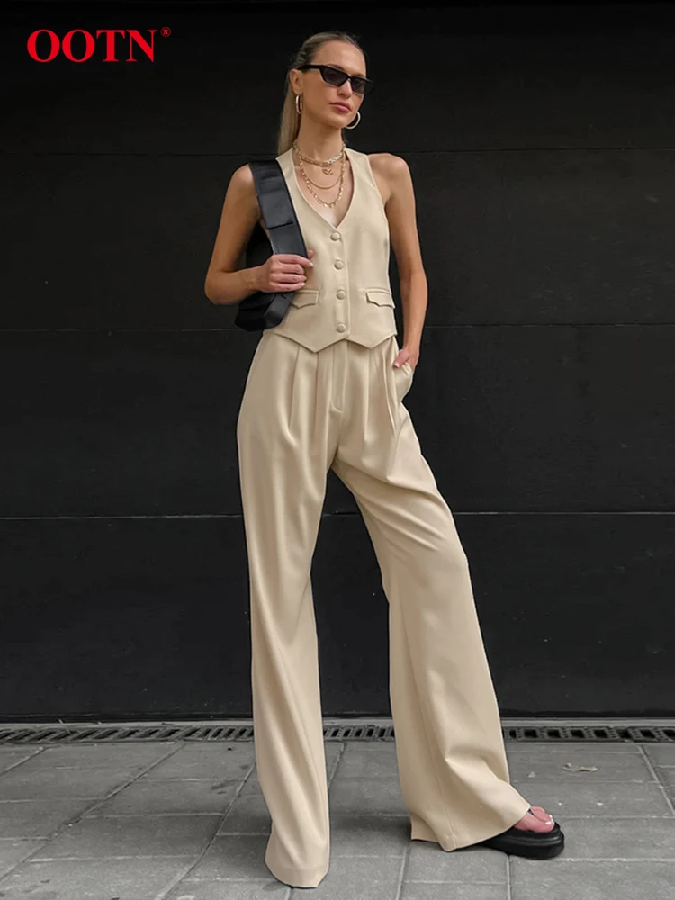 

OOTN Fashion Khaki Long Pants Suits For Women 2024 Streetwear V-Neck Slim Solid Tops Summer Pleated Wide Leg Pants Sets 2 Pieces