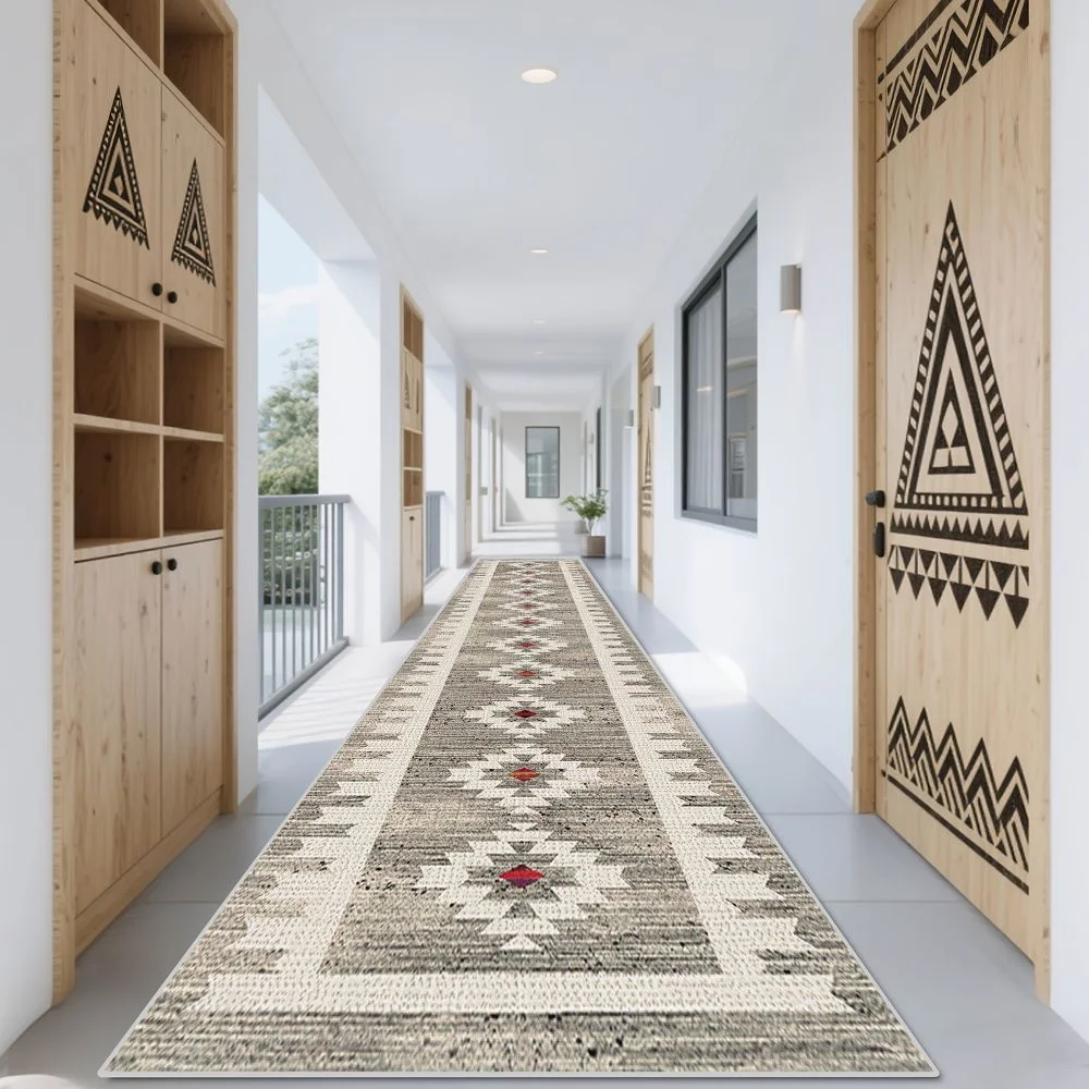 VIKAMA Neutral Tribal Geometric Runner Rug Non-Slip Washable Floor Mat for Living Room Hallway Kitchen Home Decor