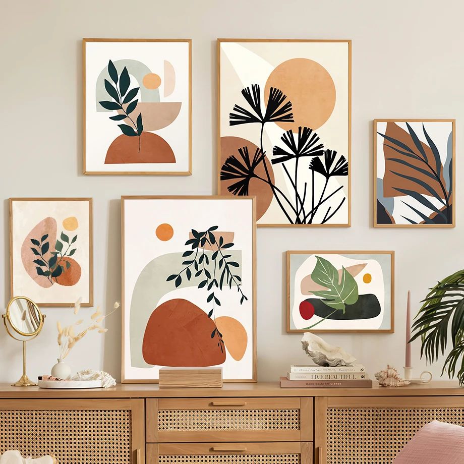 1 Stück rahmenloses Boho-Abstraktes Leinwandgemälde, geometrisches Blatt, Pflanze, Sonne, Wandkunst, Wandbild, botanischer Blumendruck, Poster, Dekorbilder