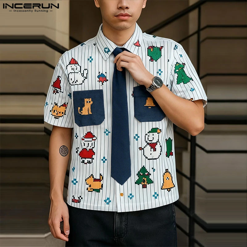 

INCERUN Мужская рубашка с принтом в стиле пэчворк с лацканами и коротким рукавом, свободная мужская одежда, уличная одежда, повседневные рубашки в корейском стиле, мужские топы 2025