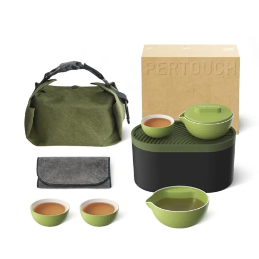

PERTOUCH-T1 Portable Gongfu Tea Set Asian Style Travel Tea Set Double-Wall Insulated Ceramic Kit with Teapot Fair Cup 3 Tea Bow