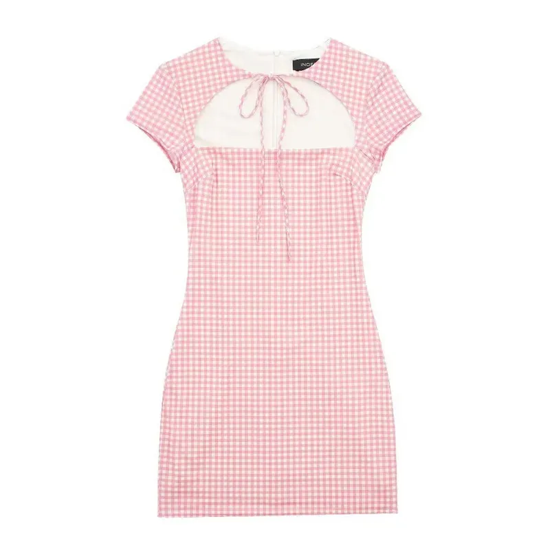 

Women's Summer 2025 Pink White Plaid Short Sleeve Hollow Mini Dress Bow Decor Sexy Fashion Casual Commuting Personality Dress