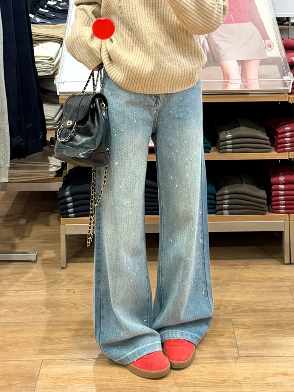 

Low Waist Heavy Embellished Denim Jeans Women's Spring New Loose Straight Leg Glitter Pants Sparkling Diamond Rhinestones