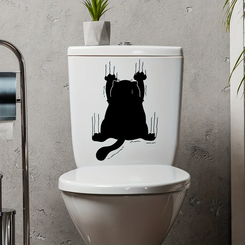 Lucky Cat Funny Black Cat Scratches Toilet Stickers Decorative Bathroom Decals Wall Stickers Self Adhesive Waterproof Home Decor