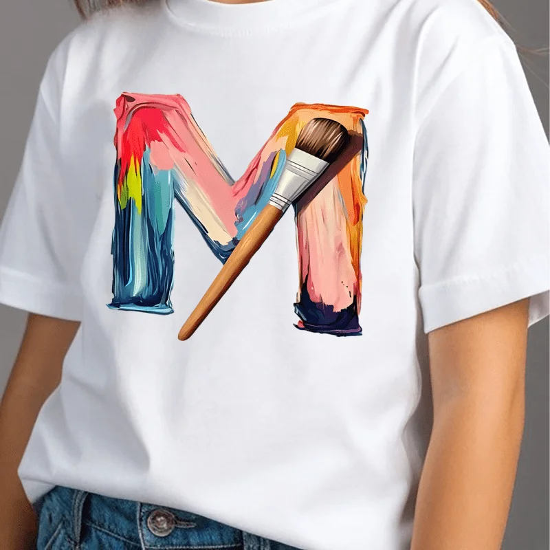 

Baby Boy Girl Letter Paintbrush Print Short Sleeve T-Shirt Round Neck Casual Sweatshirt 100% Cotton Pullover Baby Clothes 3-13Y
