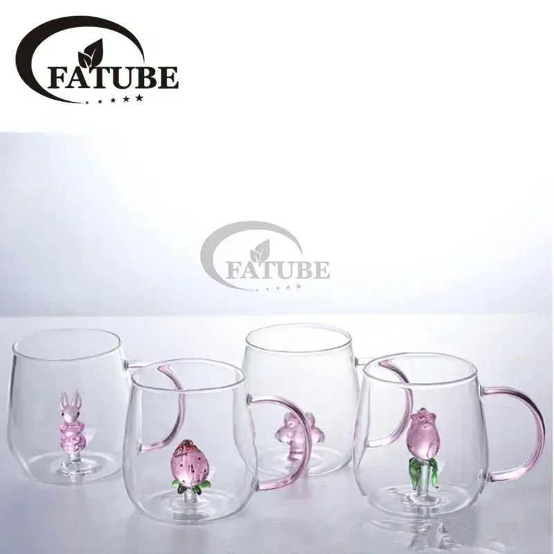 Fatube 1pc Handgriff kreative Tassen Mädchen Präferenz 3d Tasse Cartoon rosa Rose Kaninchen Katze Pfote Flamingo geformte Glas Tasse