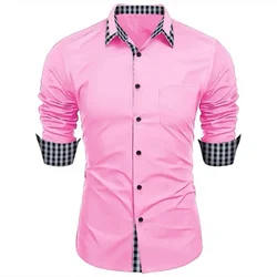 Spring/Summer Men's Shirt Solid Color Printed Spliced Long sleeved Business Casual Shirt Comfortable Flip Collar Pocket Top