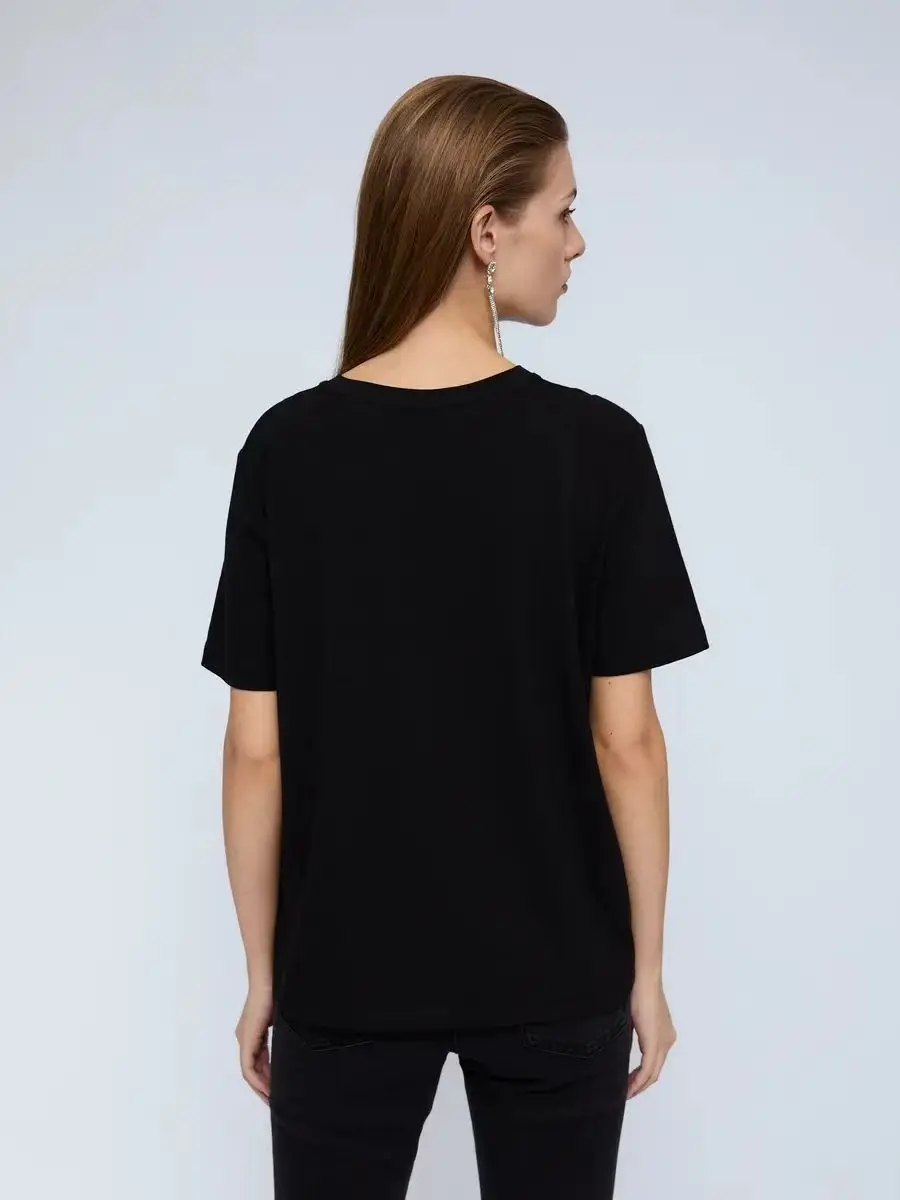 Women Black Oversize T Shirt Rhinestone Bra Outline Print Short Sleeve O Neck Y2K Fashion Casual Tops