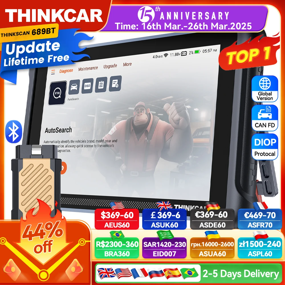 Global Version THINKCAR THINKSCAN 689BT OBD2 Diagnostic Tool DOIP CANFD Bi-directional ECU Coding 34 Resets Lifetime Free Update