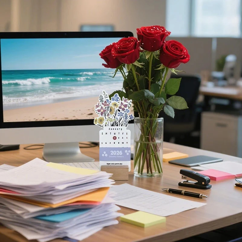 2026 Bloomy Flowers Desk Calendar Mini Calendar Standing Desk Calendar Vase-Like Desktop Monthly Planner For Home School Office