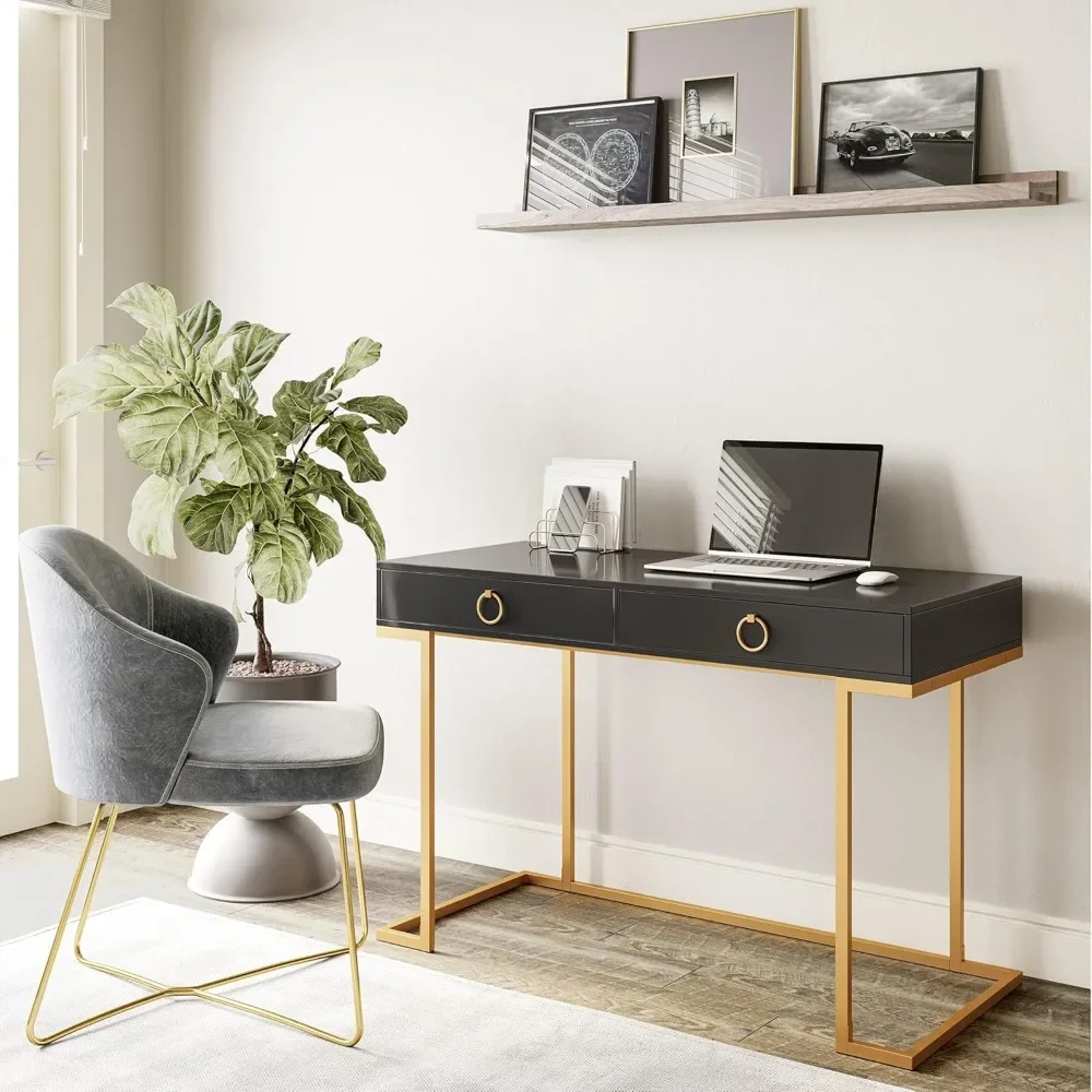 Vanity Desk with Two Storage Drawers, Wood Top, and Gold Metal Frame, 45 Inch, VDressing Table