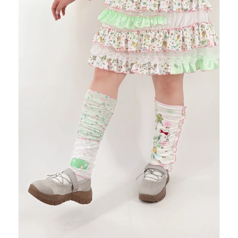 Japanese Style Cute Girl Print Ice Silk Cotton Lace Hosiery Spring Autumn New Sweet Versatile Slouch Socks Leg Warmers Ladies