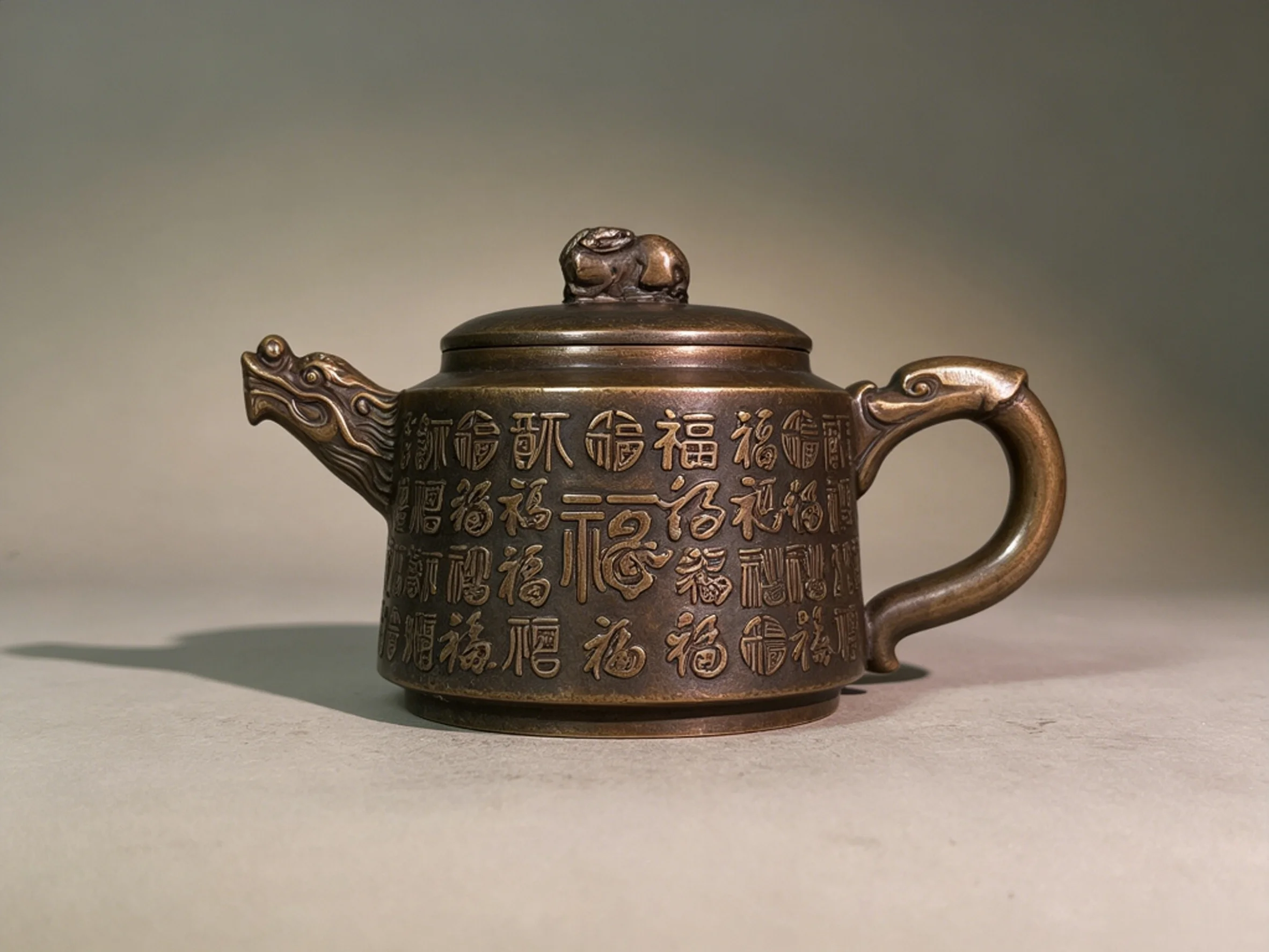 Pure Copper Relief Hundred Blessings Turning-head Pixiu Dragon-head Teapot, Decorative Brass Ornament & Craftwork for Tea Tables