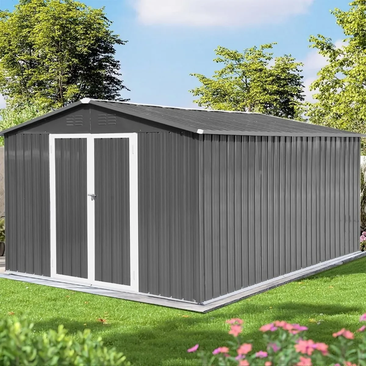 10x12 FT Outdoor Storage Shed,Large Metal Shed with Sloping Roof and Double Lockable Door,Utility and Tool Storage Sheds