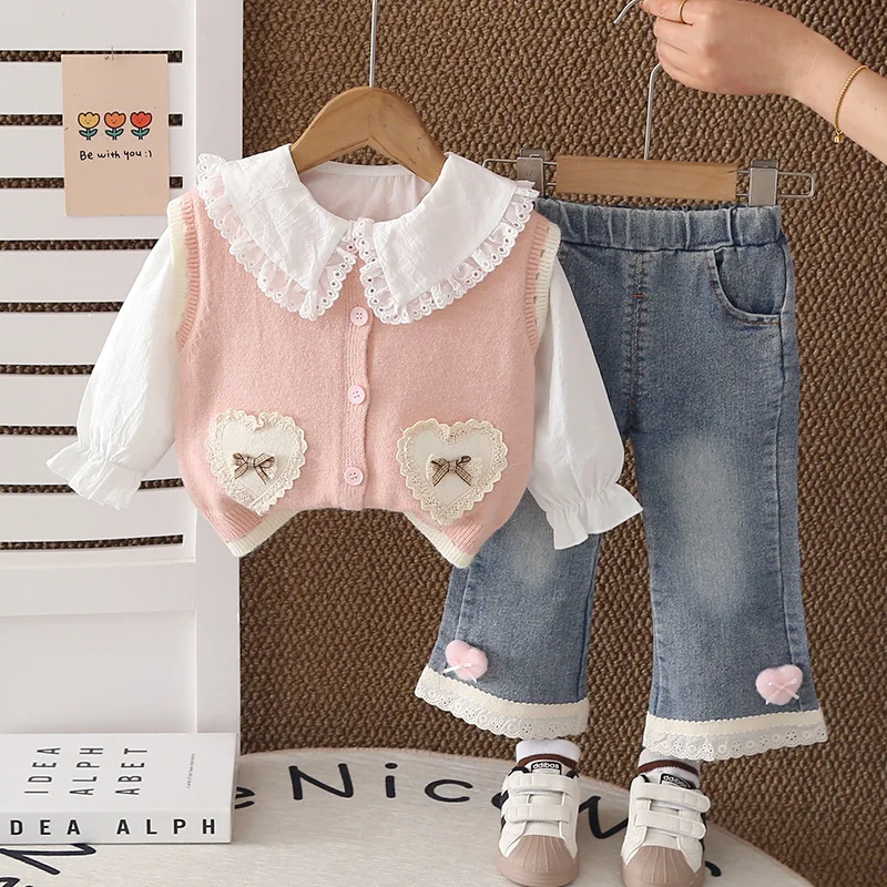 

Весенне-осенние комплекты одежды для девочек: рубашка + вязаный кардиган + джинсы, 3 предмета, наборы для девочек с бантиками