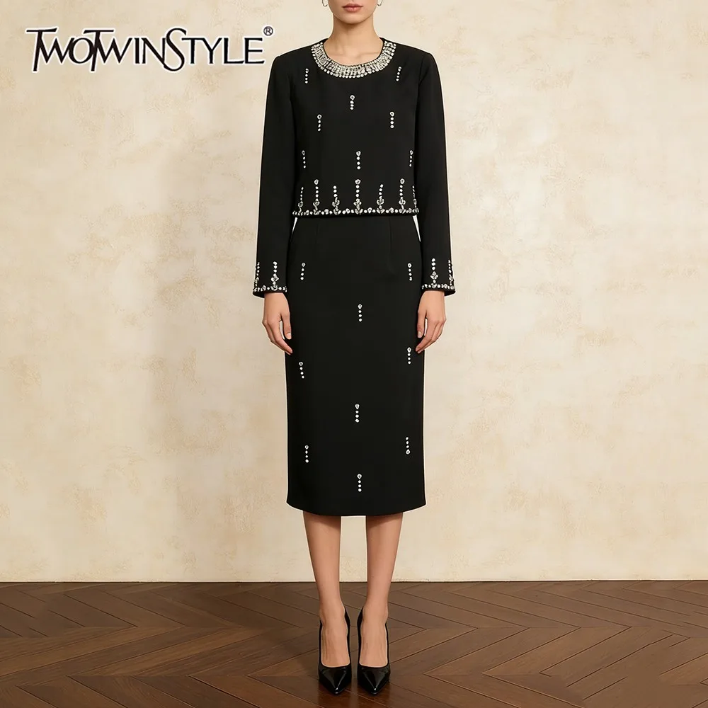 

TWOTWINSTYLE Solid Spliced Diamonds Two Piece Set Female O Neck Long Sleeve Jacket Temperament Elegant Women's Skirt Set Autumn