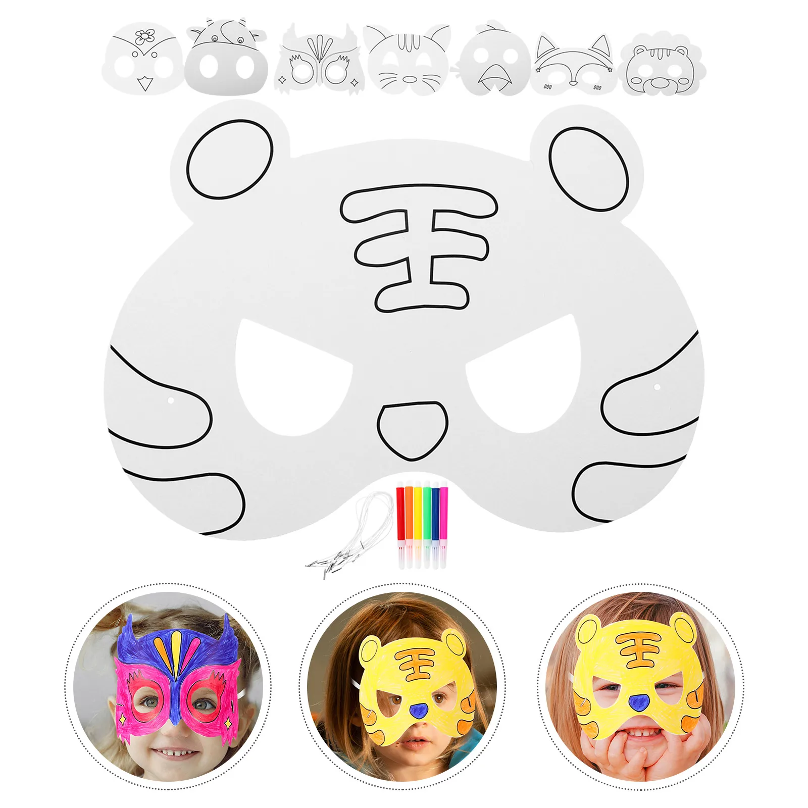 

1 set Cartoon Animal Blank Masks for Kids DIY Craft Kit Watercolor Pens Unpainted Paper Face Masks Children Painting Toys