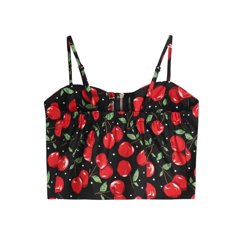 New Sexy Slim Cherry Print Spaghetti Straps Summer Camis Fresh Fashion Basic Sweet Draped White Camisole Tops for Women