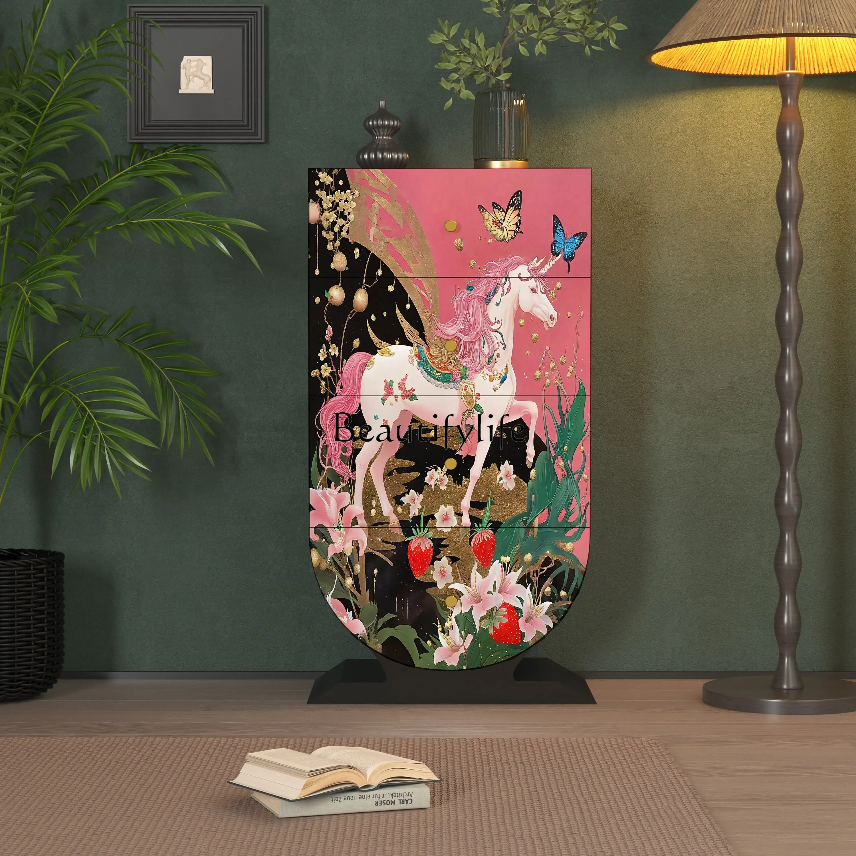 

ls 18Medieval painted solid wood four-chest cabinet, living room, home homestay, integrated storage cabinet against the wall