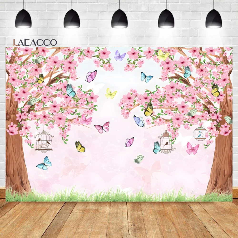 Laeacco Spring Garden Pink Cherry Blossom Green Grass Butterfly Backdrop Baby Shower Birthday Portrait Photography Background