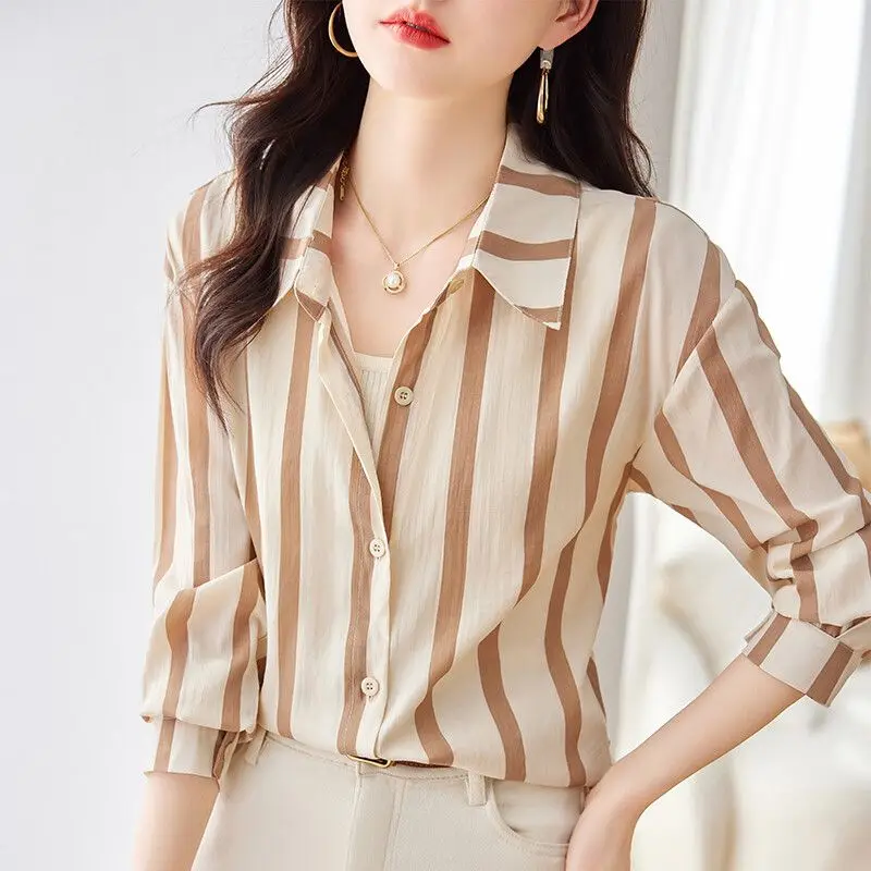 Commute Korean Striped Shirt Women\'s Clothing Casual Loose Single-breasted 2024 Spring Summer Fashion Polo-Neck All-match Blouse