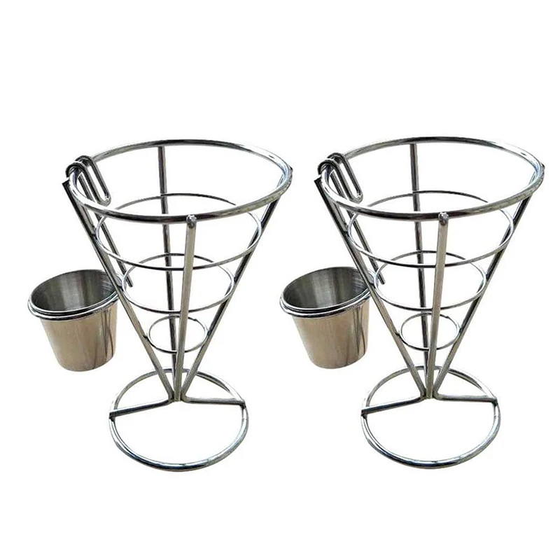 2Pcs French Fries Stand Cone Basket Fry Holder with Sauce Dippers Metal Fried Chicken Display Rack Wire Stand