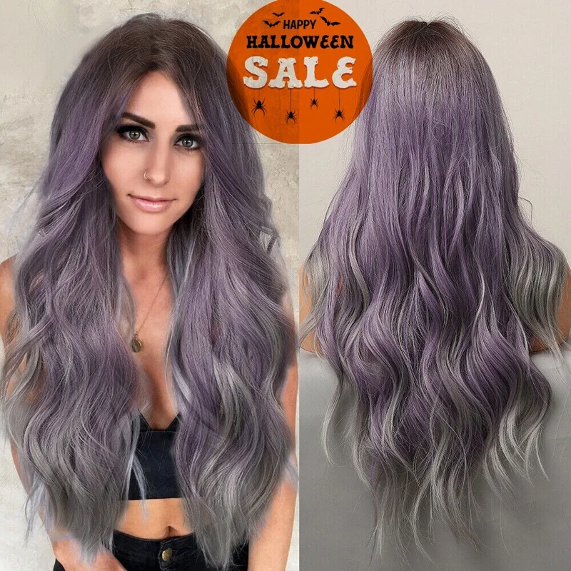 

Натуральные волнистые фиолетовые волосы с эффектом омбре, женские длинные синтетические парики, косплей, модная вечеринка