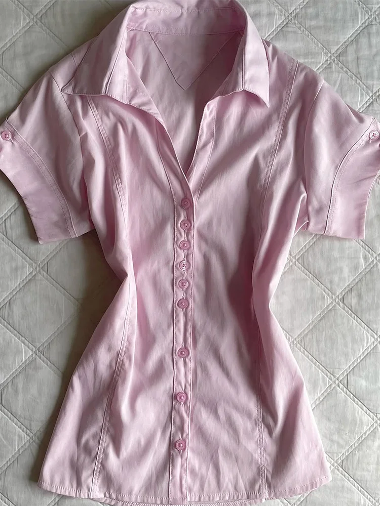 Original Unique beau rose ort Sve irt f Sp fille été minceur haut coréen Sle boutonné coton mélange
