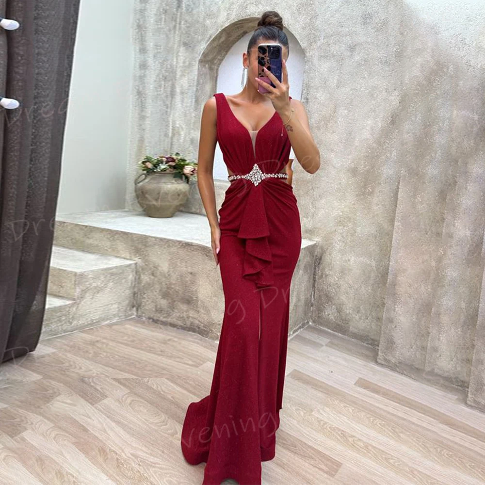 Fascinating Red Mermaid Modern Women's Evening Dresses Sexy V Neck Sleeveless Prom Gowns Formal Party Beaded Vestido De Noche