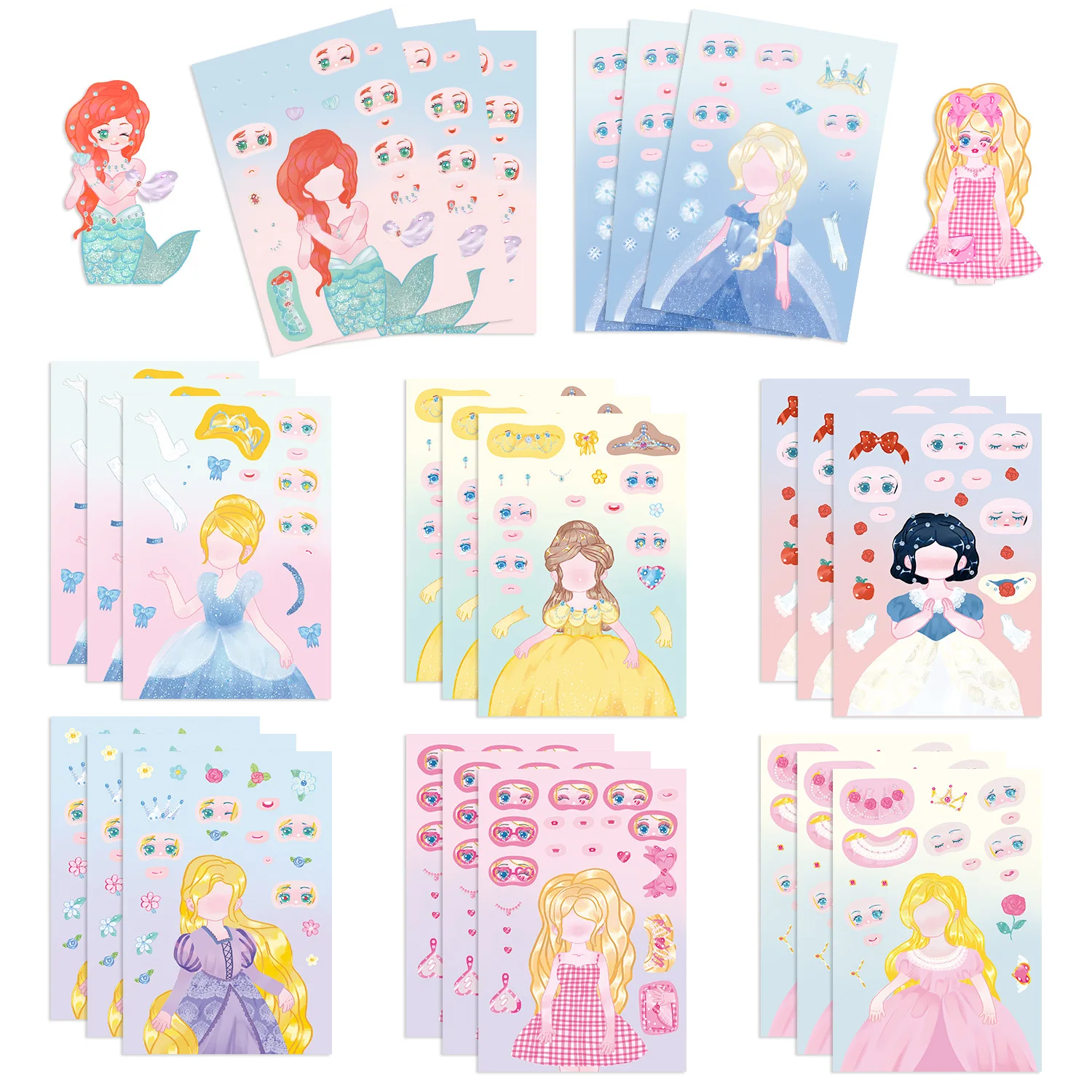 

8pcs Disney Cartoon Princess Face-changing Cute Puzzle Dress-up Sticker Decals for laptop phone case skateboard luggage kids toy