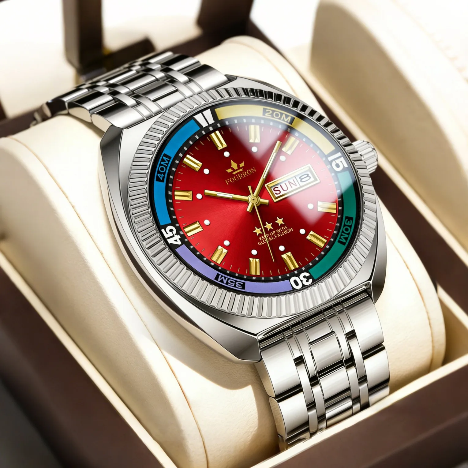 Heißer Verkauf Klassischer Stil Dekorative Rote Kreative Zifferblatt Quarzuhren Herren Persönlichkeit Coole Uhr Stahlarmband Kalender AAA Armbanduhr