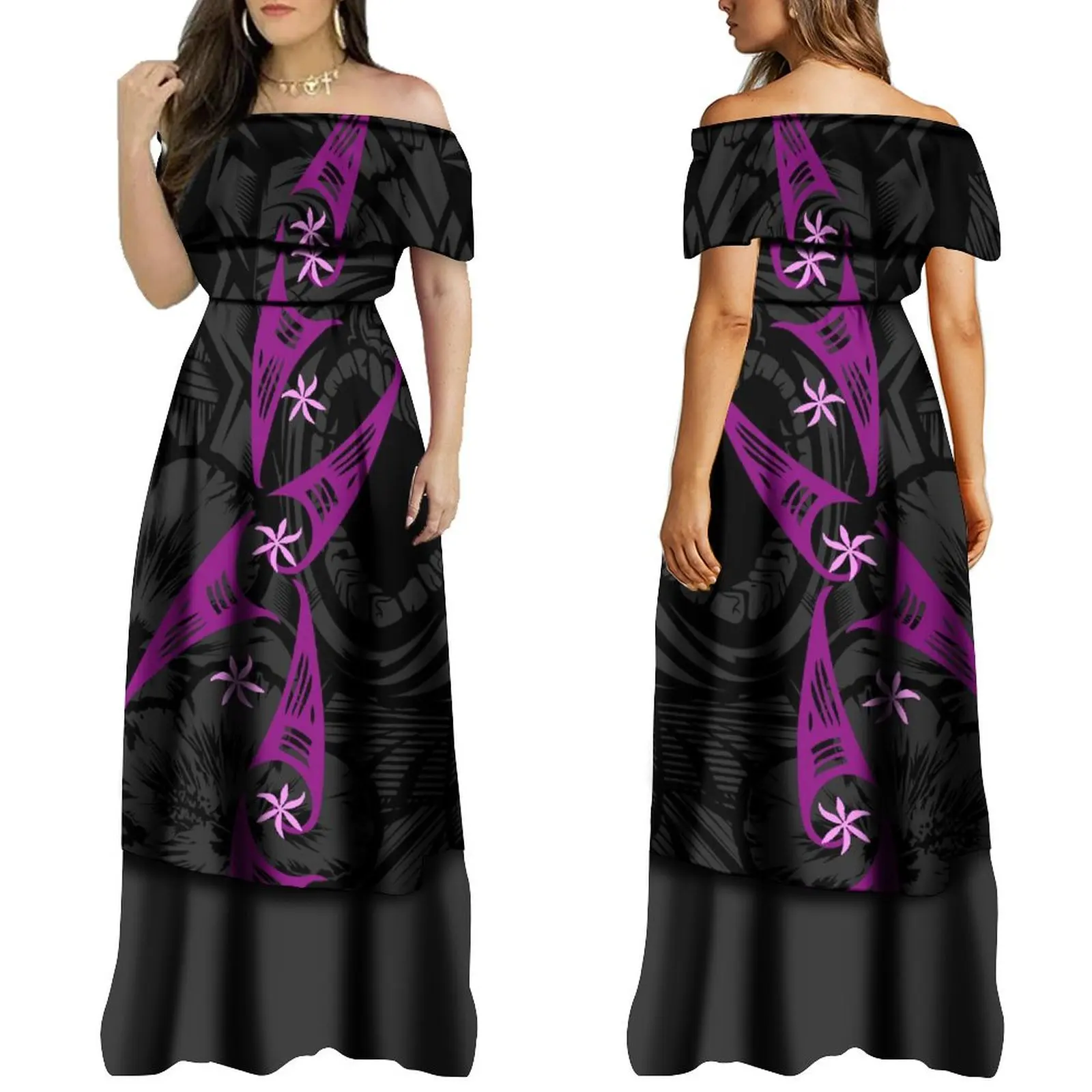 New Design Women'S Off-The-Shoulder Dress Fashion Banquet Evening Gown Big Man Long Dress Polynesian Tribal Ethnic Dress