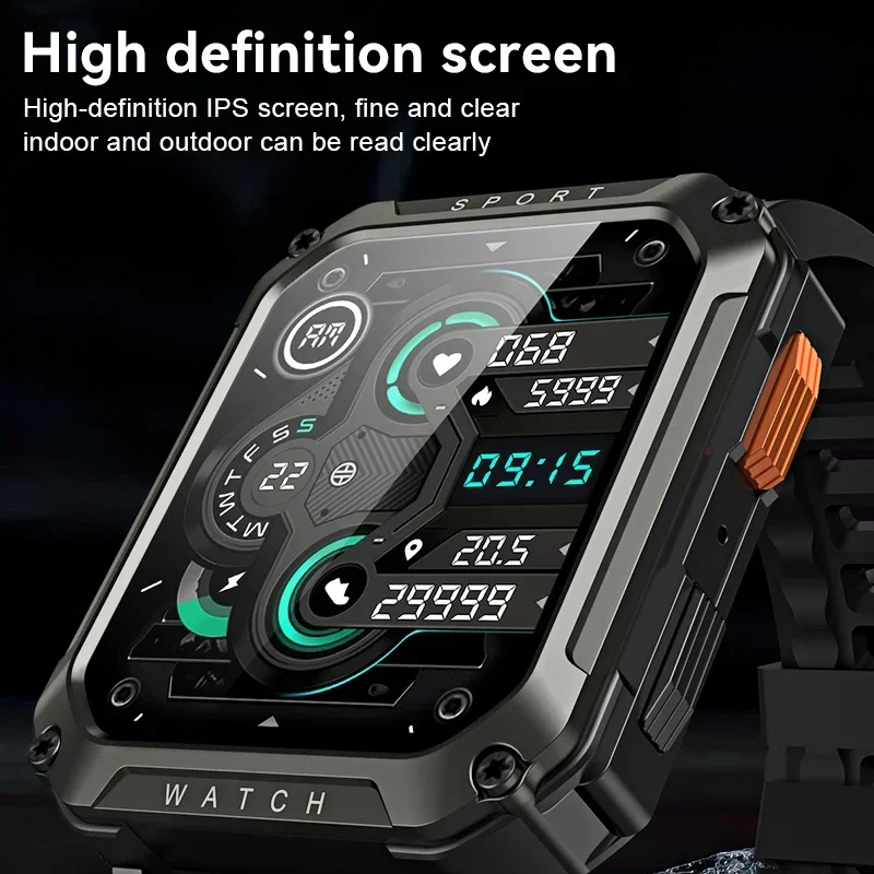 LIGE Large Screen 2.01 Inch Men's Outdoor Rugged Military BT Call Smart Watch Sports Waterproof Smart Watches For Android IOS