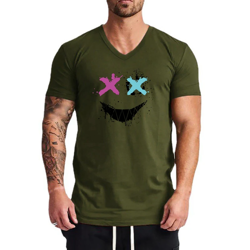 

Модная индивидуальная забавная футболка XX с v-образным вырезом и улыбкой на лице, летние хлопковые облегающие спортивные рубашки, мужские повседневные топы для фитнеса с короткими рукавами