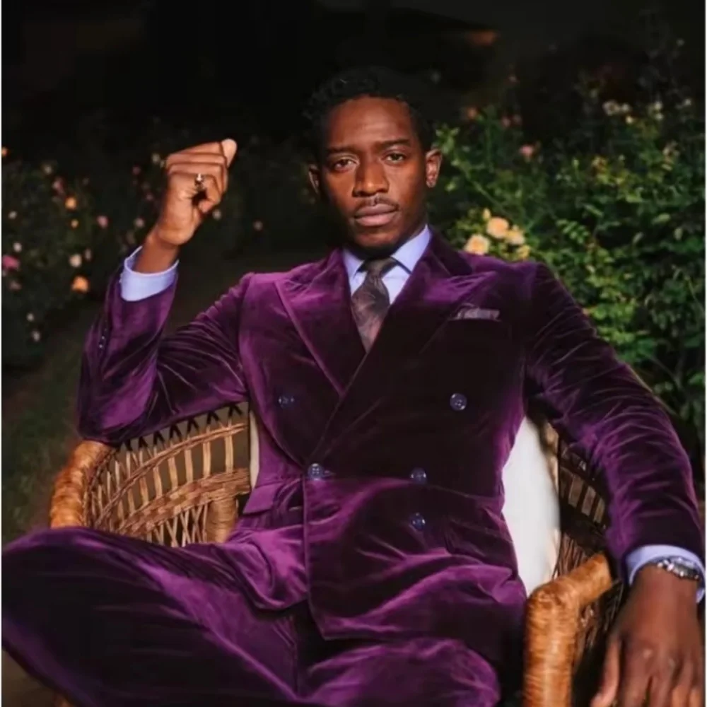 Classic Velvet Double Breasted Men Suits Elegant Solid Color 2 PCS Jacket Pants Charming Groom 2025 Wedding Slim Fit Outfits