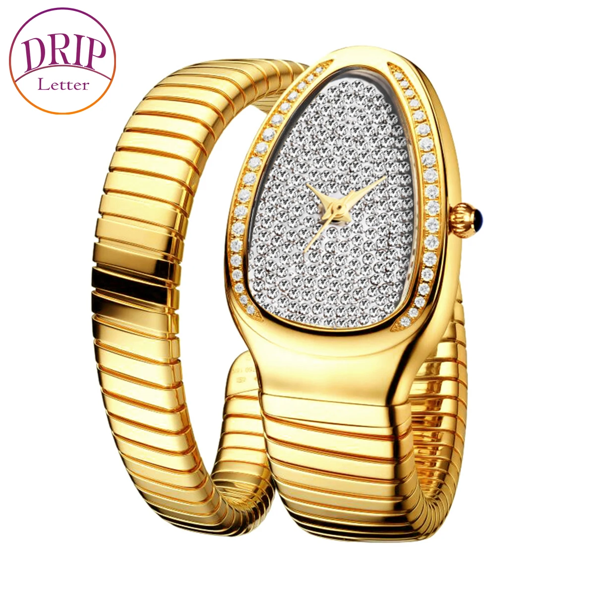 

Drip Letter Aokaishen Women Watches Stainless Steel Wrist Snake Shape Rhinestones Real Gold Plated Hip Hop Jewelry