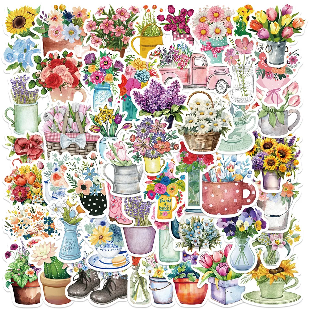 10/50Pcs Ins Style Fresh Bottle Potted Plant Flower Stickers Aesthetic DIY Laptop Guitar Luggage Waterproof Graffiti Sticker Toy