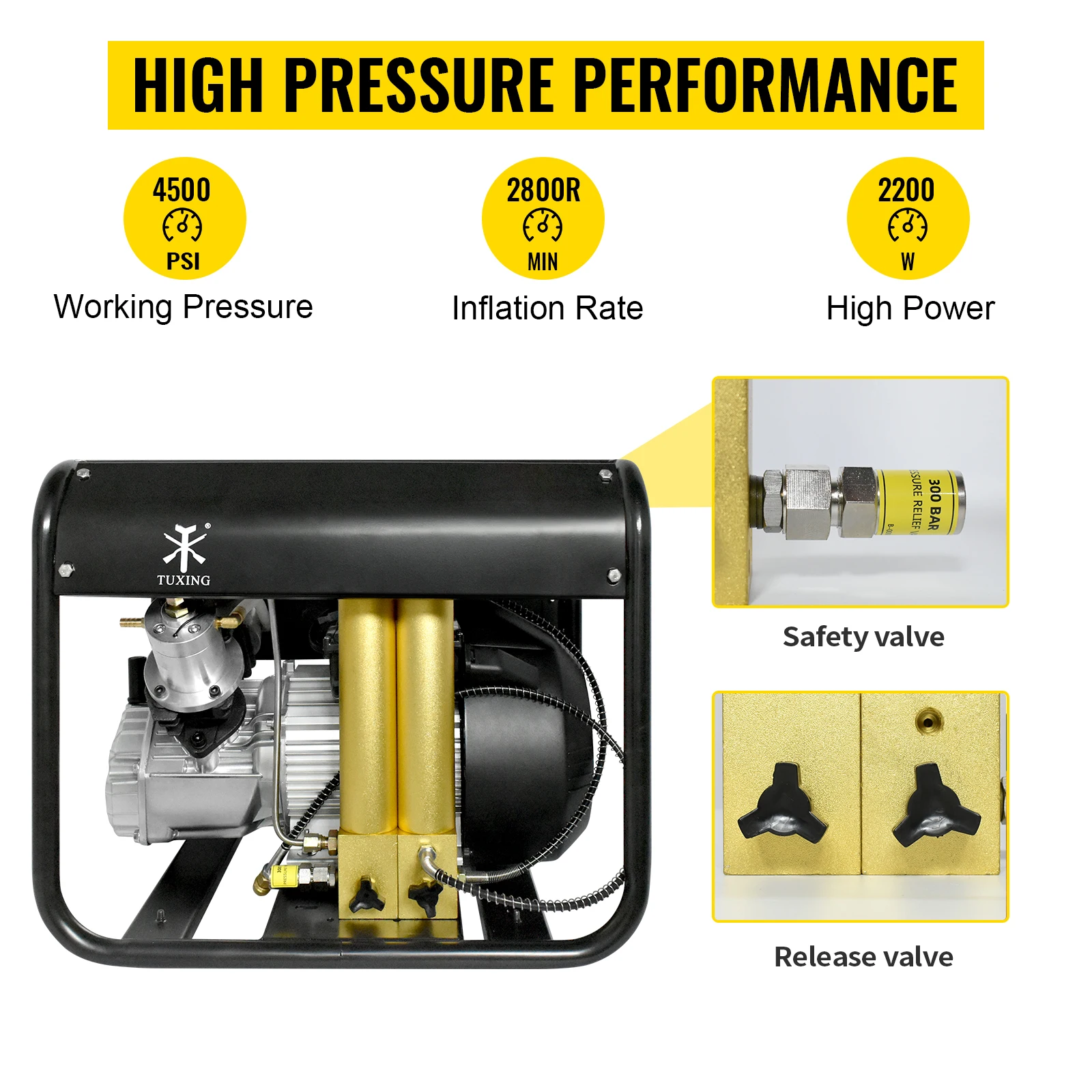 TUXING 300Bar PCP Air Compressor 4500Psi High Pressure Diving Compressor Built-in Filter Auto-stop for Scuba 6.8L Tank TXEDM042