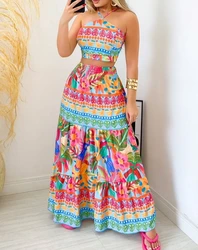 Women Fashion Suits 2024 Spring/summer Latest Leisure Play Vintage Tropical Print Halter Sleeveless Top&vacation Maxi Skirt Set