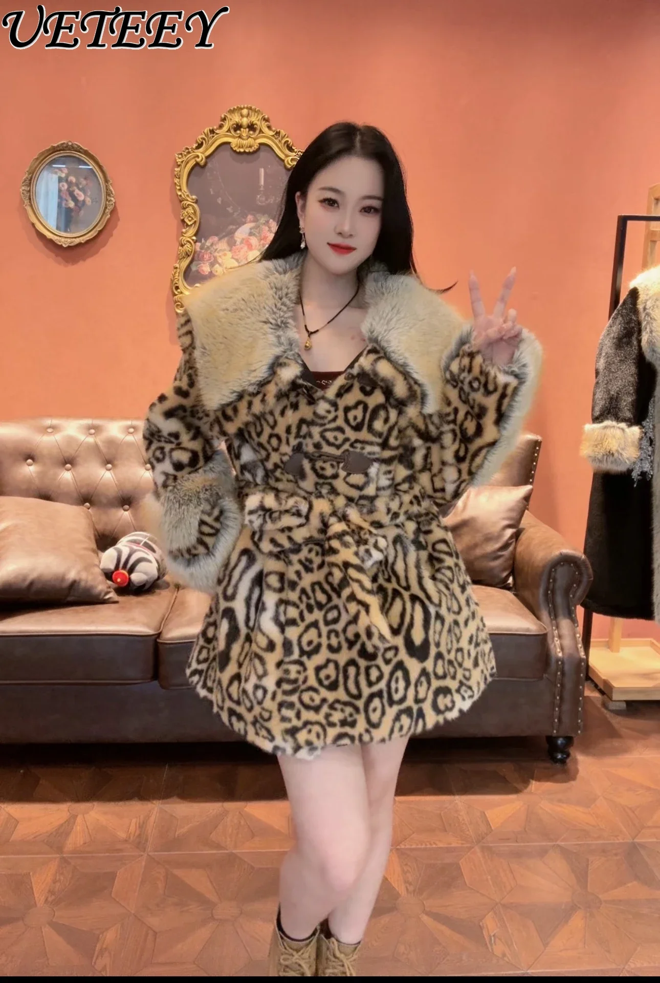 Winter Temperament Muse Leopard Print Black European Mink Waist Medium and Long Jacket High-end Lace-up Waist Faux Fur Coat