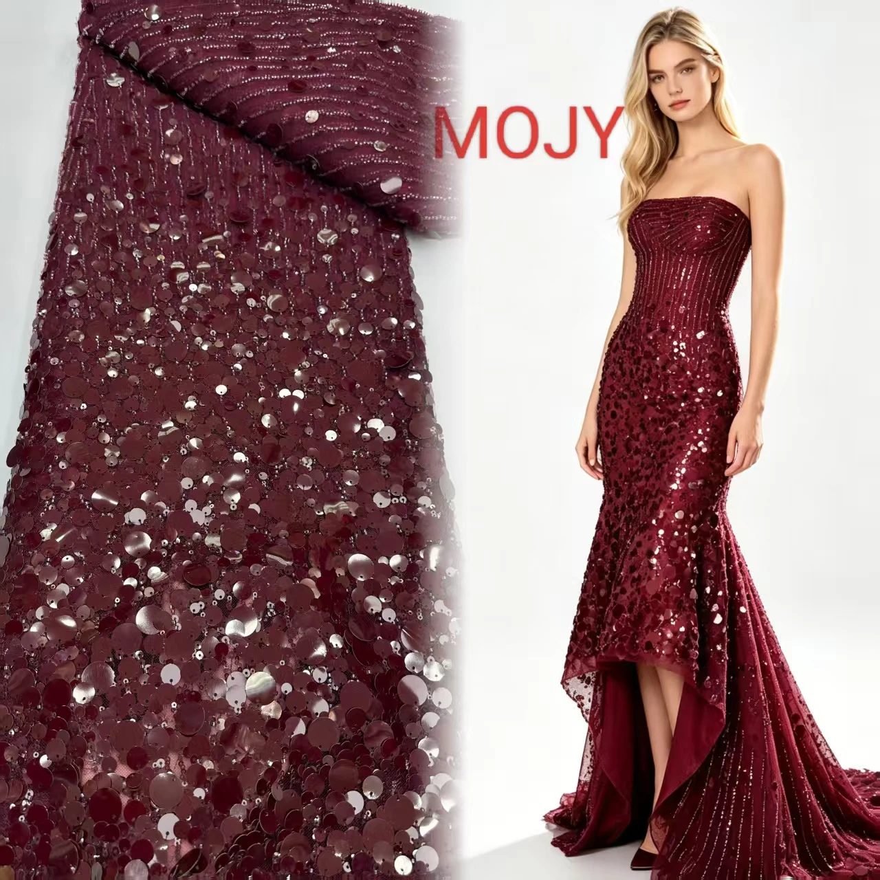 Burgundy Mixed‑Size Round Sequin Lace Fabric, Overlapping Sequins Tulle for Wedding Gown Evening Stage Dress