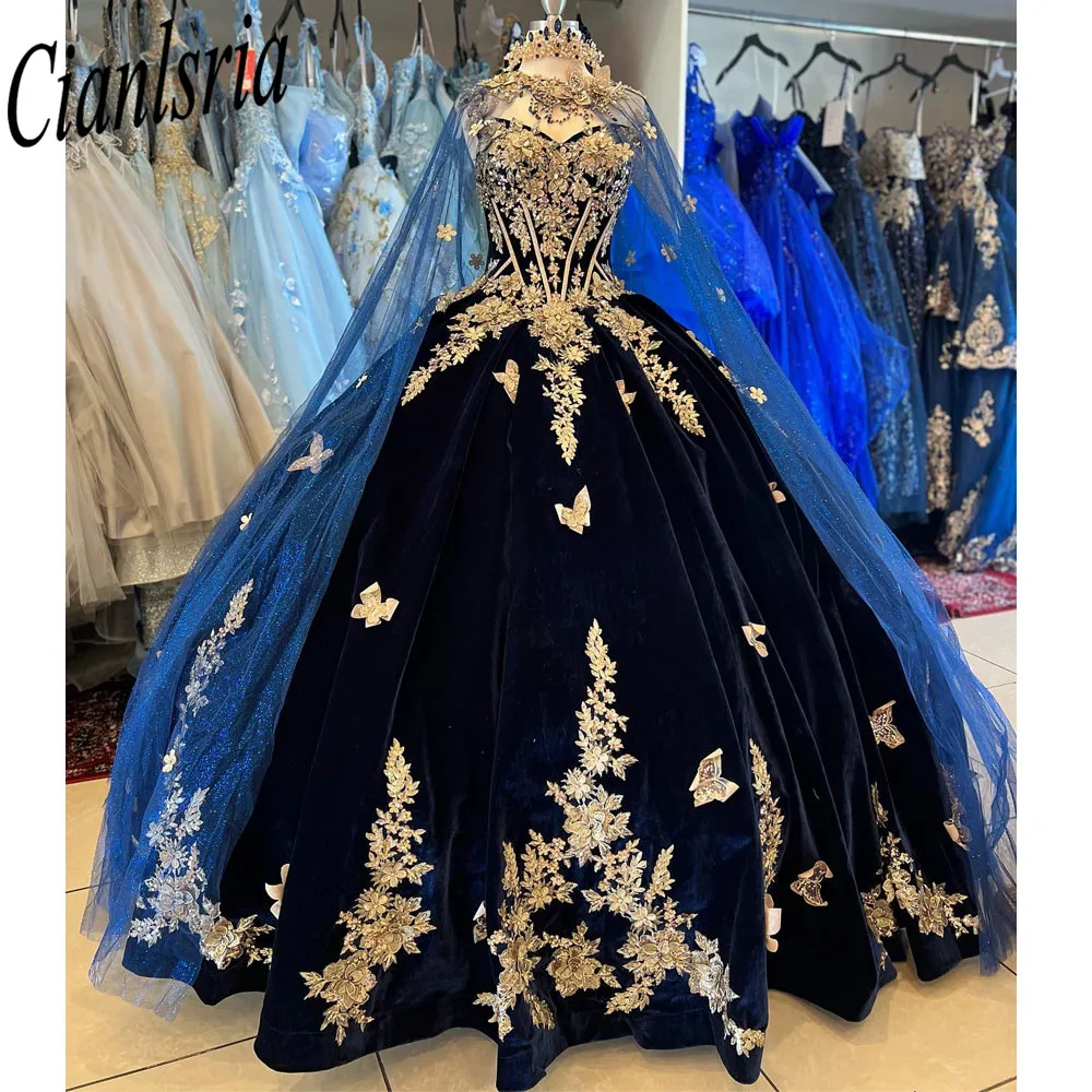 فستان حفلة أميرة مع كيب ، سويت 16 Quinceanera ، حمالات سباغيتي ، زينة ، أزرق كحلي ، 15 سنة ، 2023