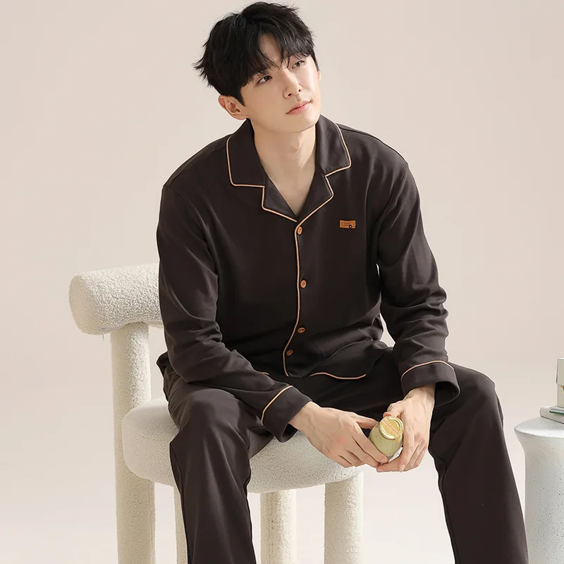 High Quality Men Pajamas Suit Autumn Winter 100%Pure Cotton Night Wear Lapel Pajamas Male Comfortable Soft Sleepwear Set Boy