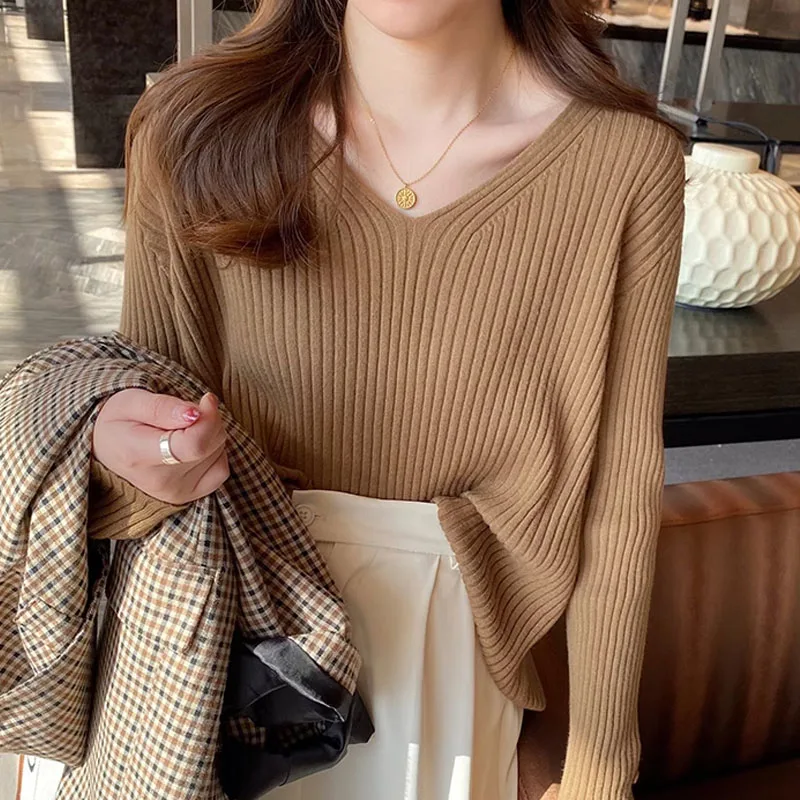 

Вязаный свитер, женские пуловеры, новый черный вязаный свитер с длинным рукавом и v-образным вырезом, пуловер, женские топы, трикотажные изделия Sueters De Mujer Q1002