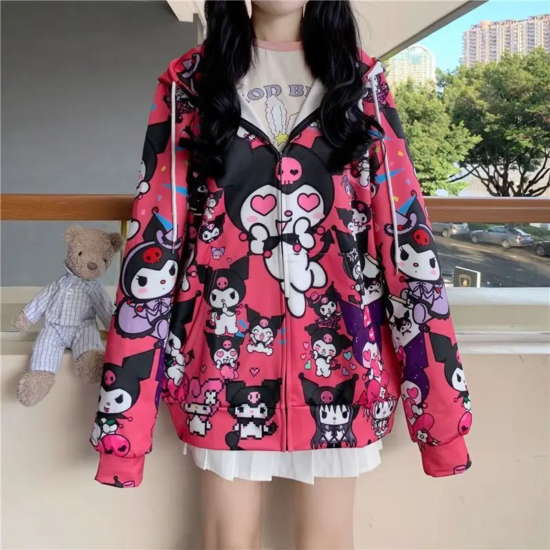 New Kuromi Cute Anime Student Loose Hoodies Y2k Zip-up Sweatshirts JK Thin Zipper Hooded Clothes for Women in Spring & Fall