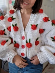 Women Knit Cardigan Long Sleeve Flowers Button Closure Fall Casual Jacket Sweater