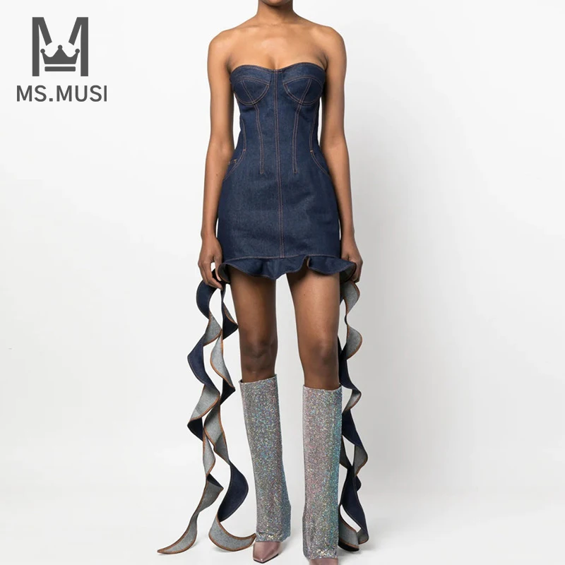 

MSMUSI 2023 New Fashion Designer Women Sexy Strapless Falbala Ruffles Draped Sleeveless Bodycon Party Event Denim Mini Dress