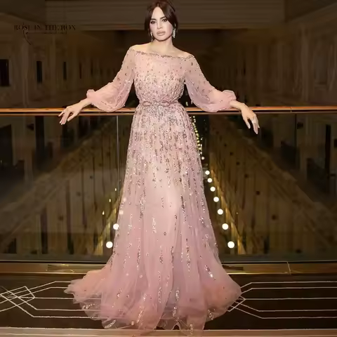 ROSEINTHEBOX Customize Pink Tulle فساتين سهرة Bubble Sleeve Boat Neck Luxurious Evening Dresses 2026 Formal Prom Dress