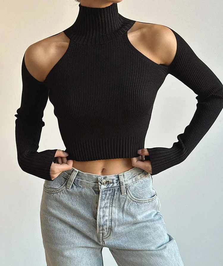 Fashion Ribbed Knit Cut Out Tops Elegant Long Sleeve Sexy Slim Turtleneck Autumn Tops Tees Pullovers Streetwear Women Clothing