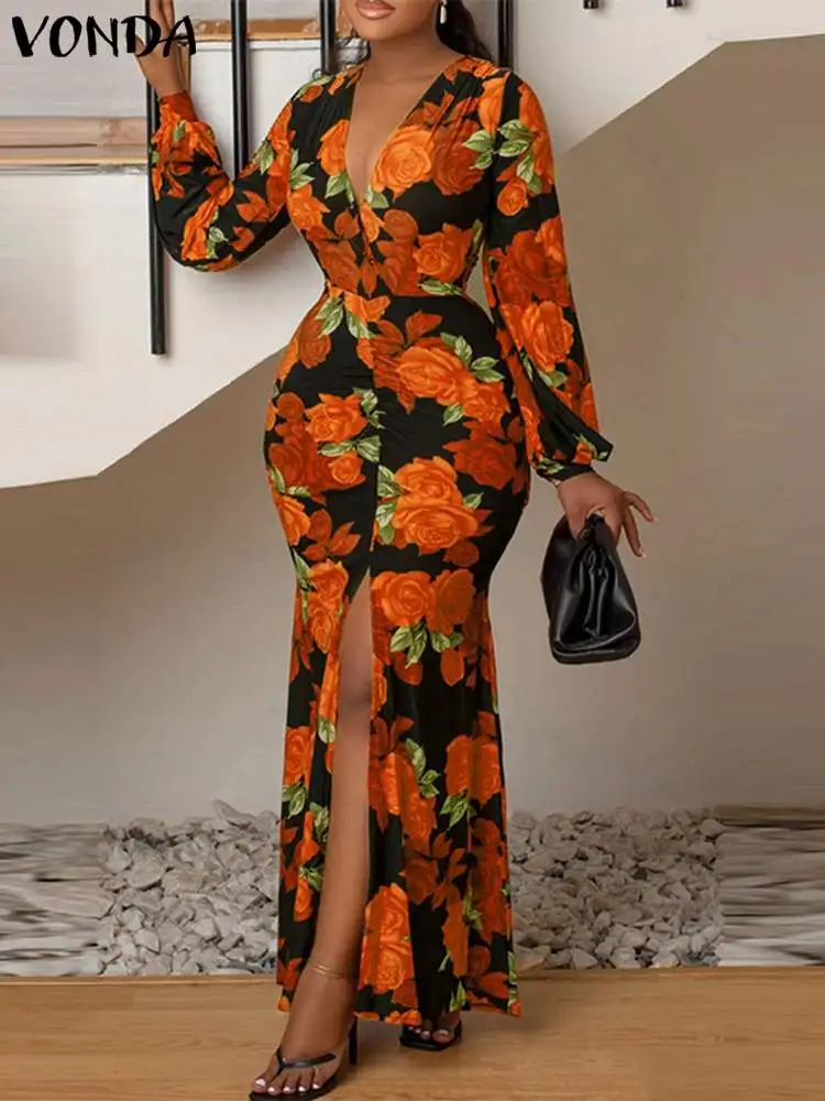 VONDA-Robe bohème à col en V profond pour femmes, robe sexy à manches longues, imprimé floral, haute fente, style européen éducatif, 2024